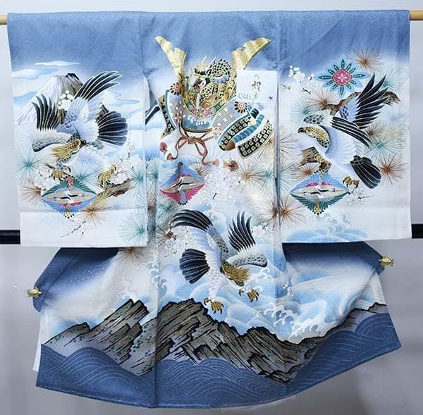 お宮参り 産着 のしめ 男児 正絹 綸子地 金刺繍 グレー 兜 NO42445