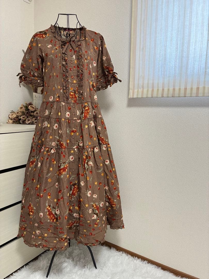 極美品✨PINKHOUSEチェリーカゴ柄ロングワンピース 半袖 ブラウン系