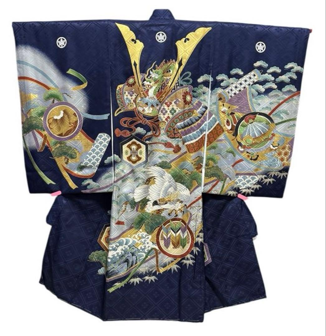 美品　正絹　お宮参り一つ身着物＆長襦袢セット　男の子　紺