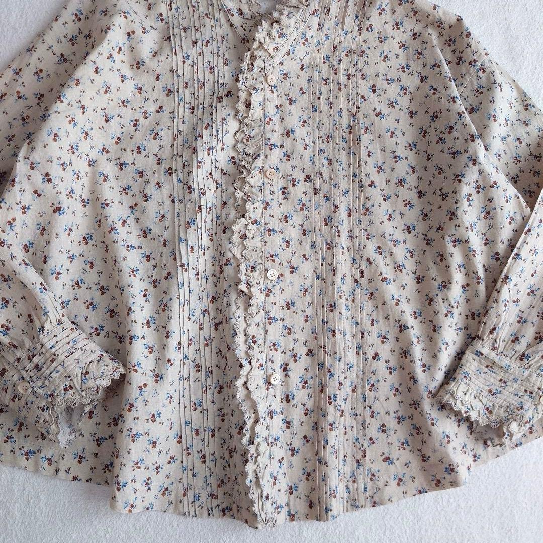 しい　45R インドカディ森花プリントのフリルブラウス 45rpm