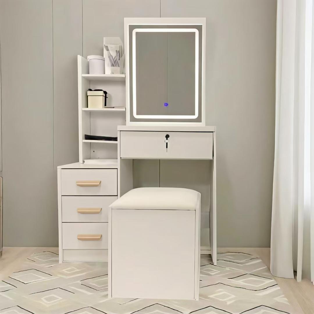 ホワイトドレッサー・鏡台 LED照明付き 訳あり品　写真をご確認 J102-①