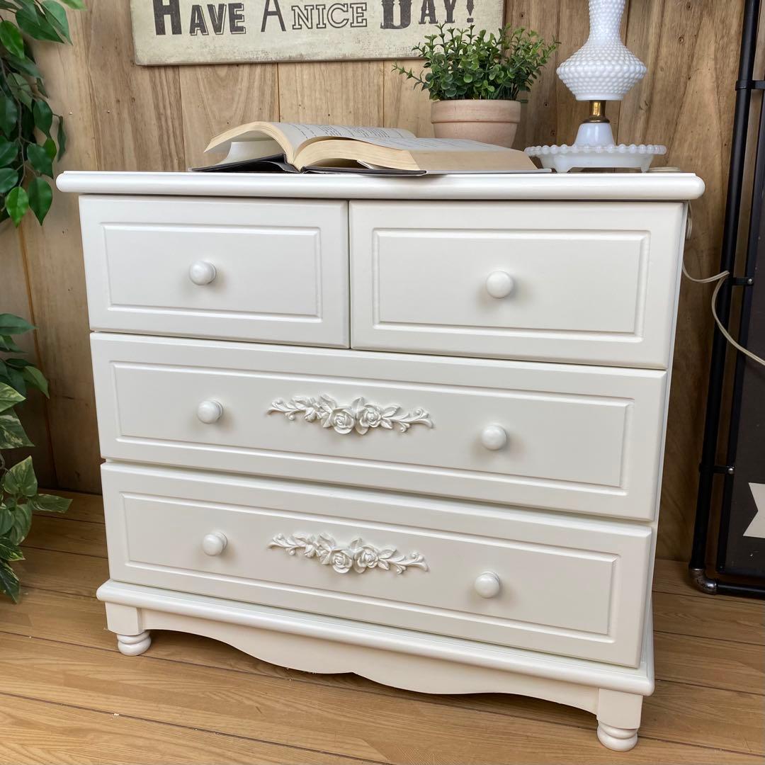 訳あり品！【121】フレンチ調ホワイトチェスト三段四つ引き木製収納家具姫系タンス