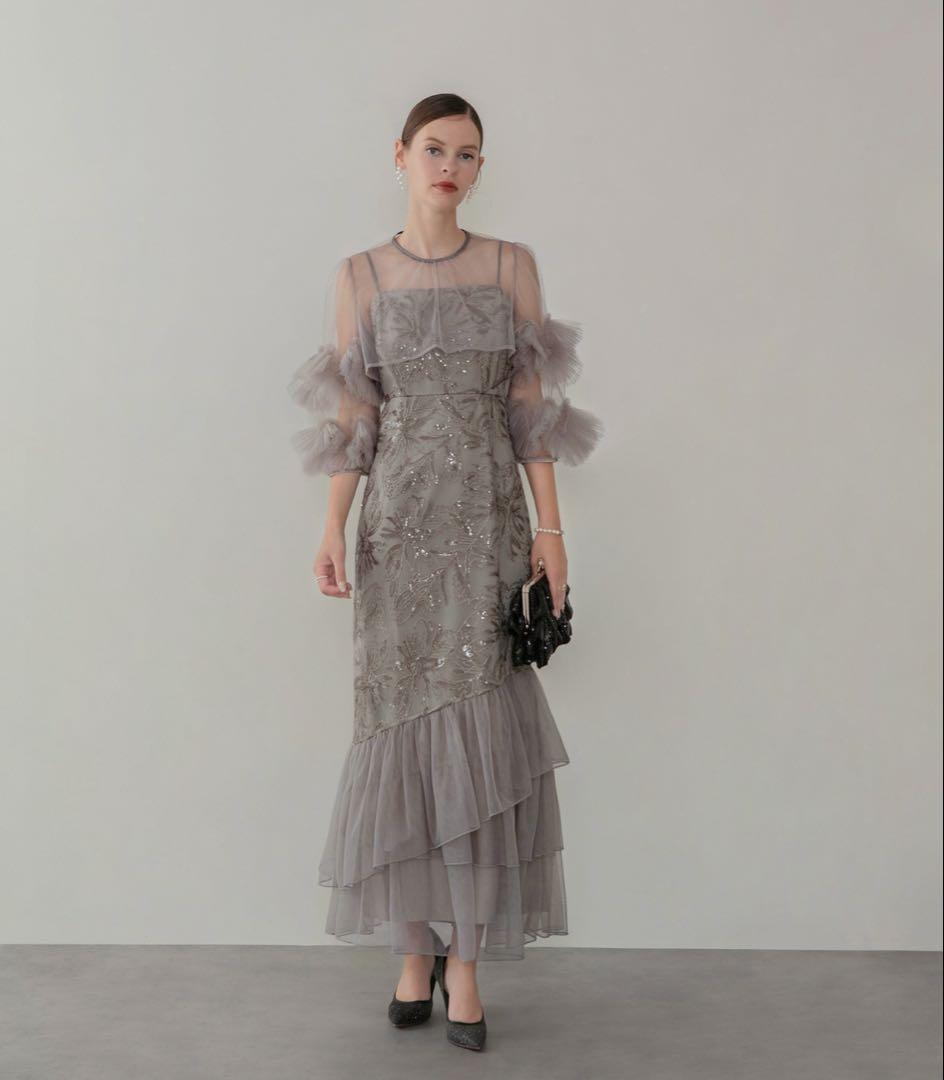 フラワースパンコールチュールフリルスリーブIラインワンピースドレス Leja