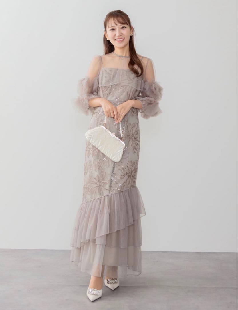 フラワースパンコールチュールフリルスリーブIラインワンピースドレス Leja