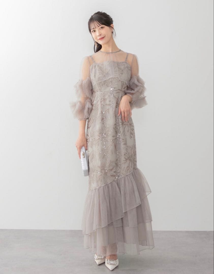 フラワースパンコールチュールフリルスリーブIラインワンピースドレス Leja