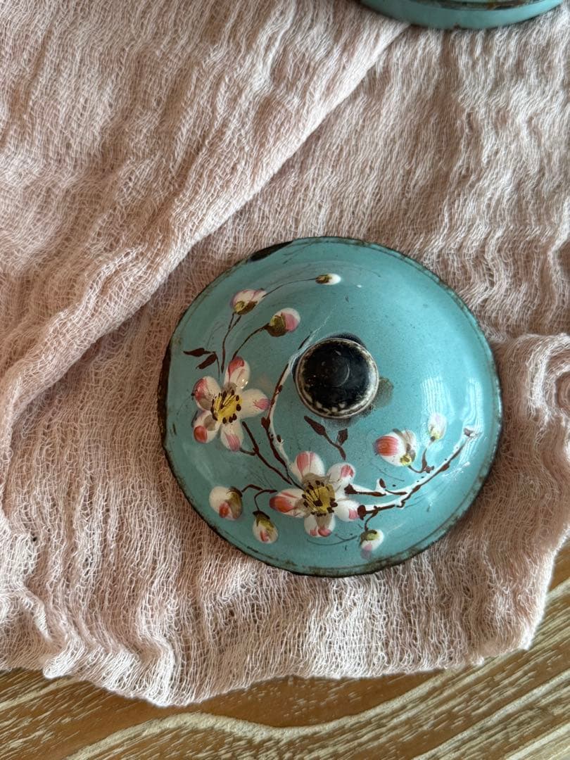 激レア！オールハンドペイントフランスアンティーク水色に小鳥柄のホーローポット