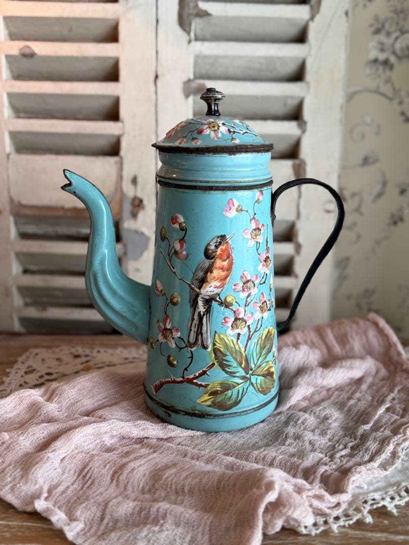 激レア！オールハンドペイントフランスアンティーク水色に小鳥柄のホーローポット