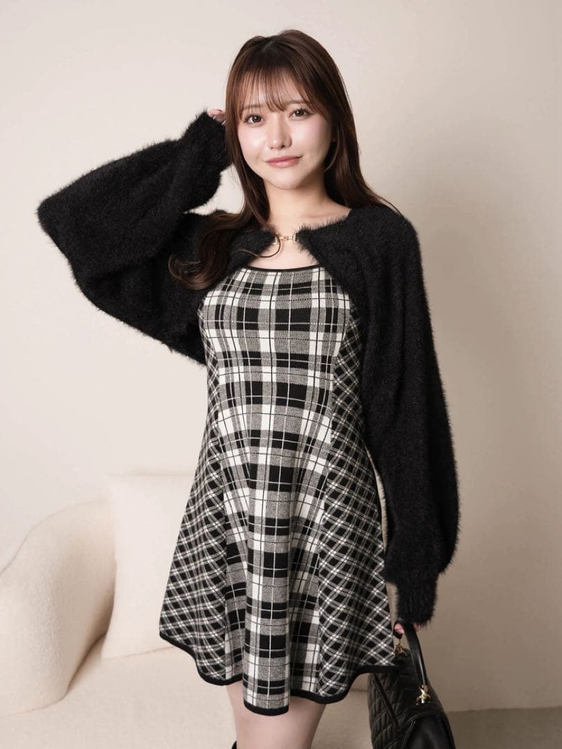 LIP SERVICE フェザーチェックアンサンブルワンピース 黒フレア