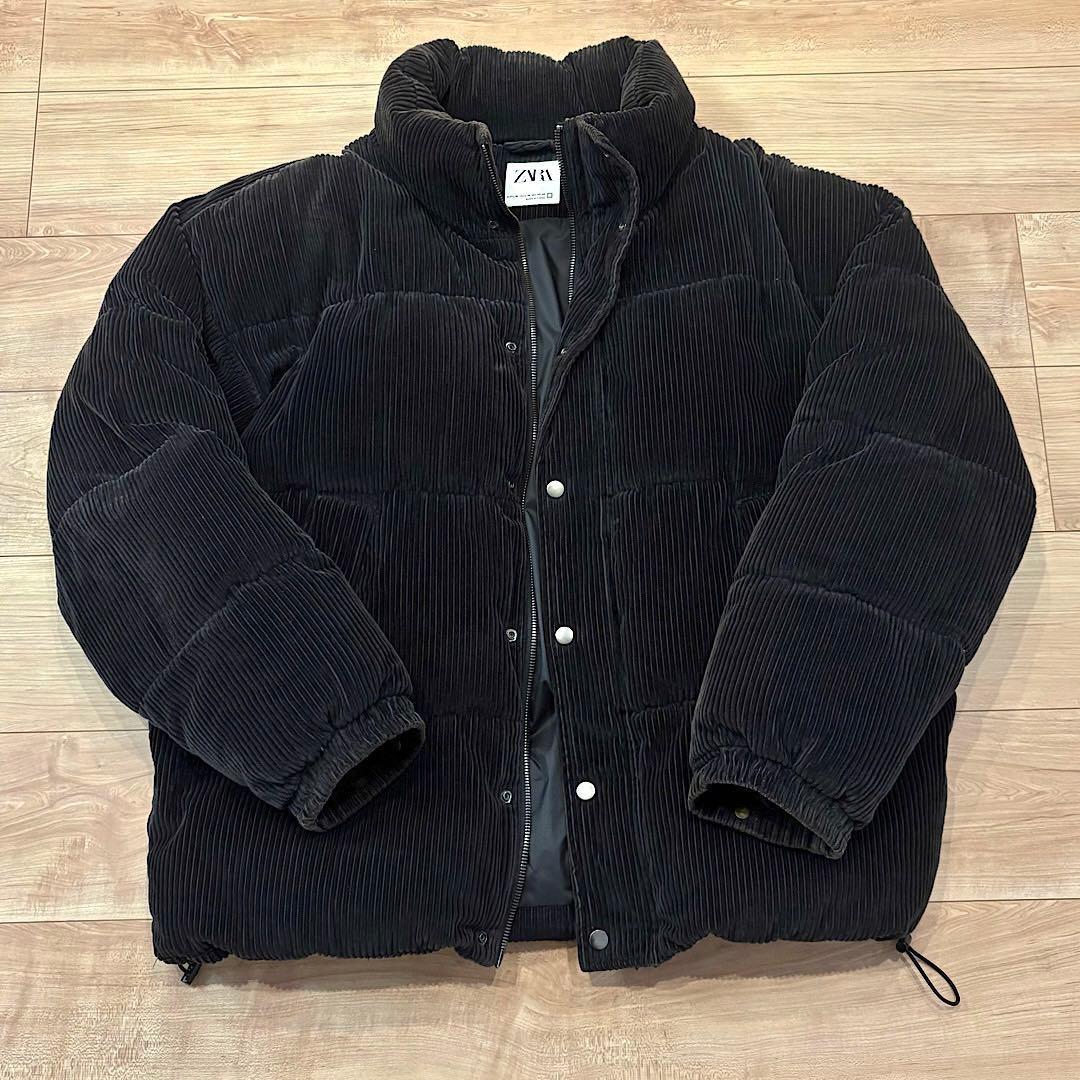 ZARA コーデュロイ ダウンジャケット パフジャケット ブラック XL メンズ