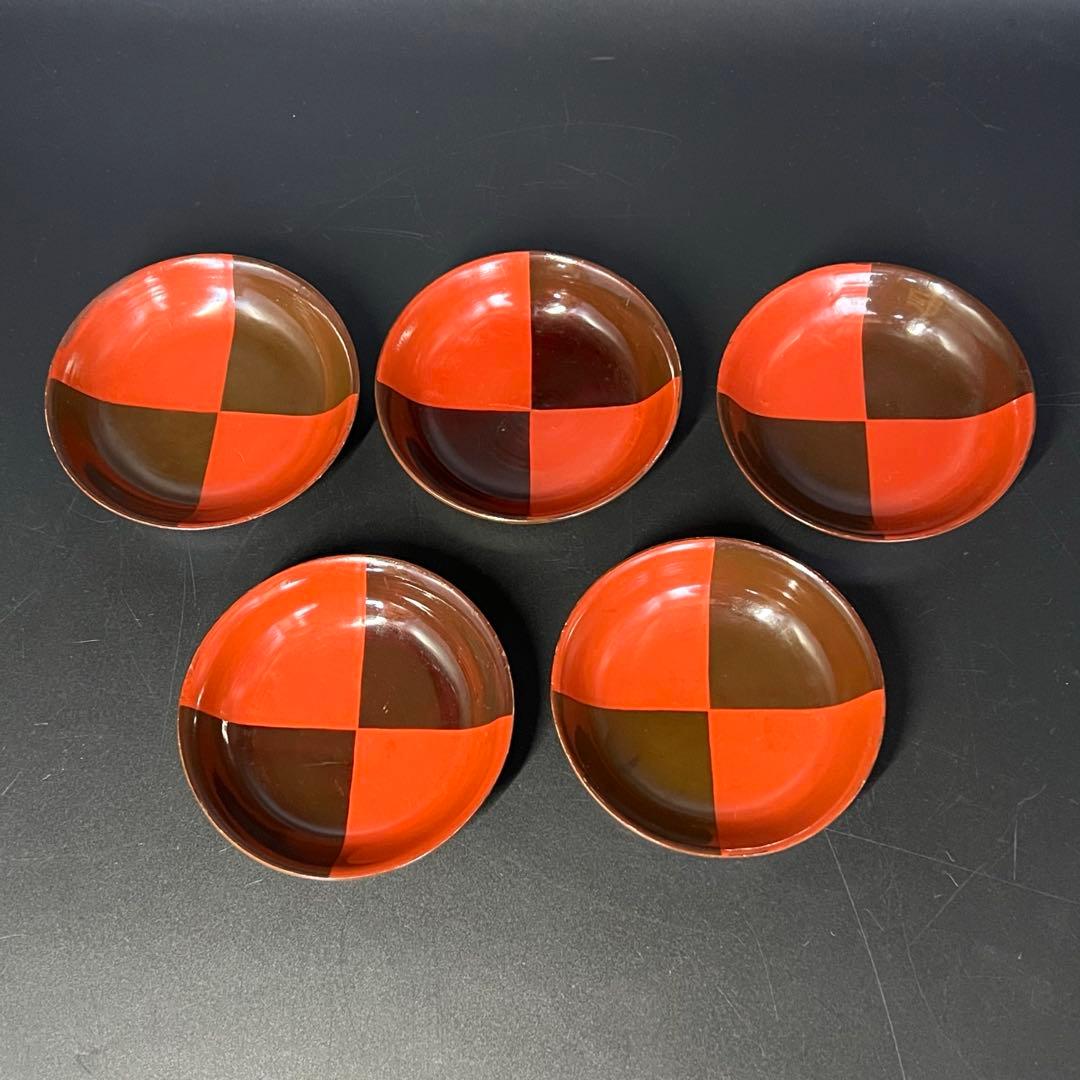 江戸後期 朱黒市松文 片身替 菓子皿 五客揃い 数寄者好み 漆皿 漆器 茶道具