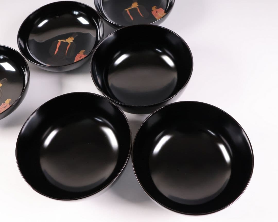 【MB196】輪島塗 天然木漆塗 黒塗椀 三客 蒔絵 大和絵 源氏絵 人物 昭和