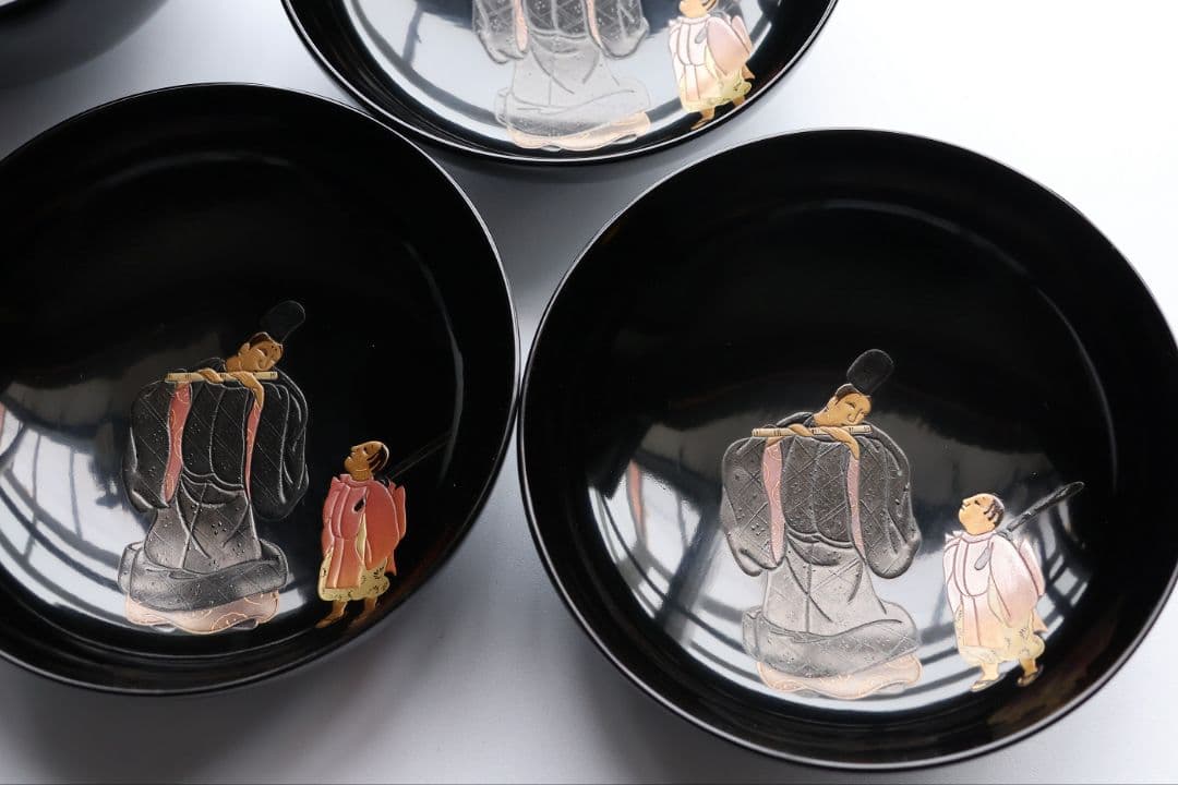【MB196】輪島塗 天然木漆塗 黒塗椀 三客 蒔絵 大和絵 源氏絵 人物 昭和