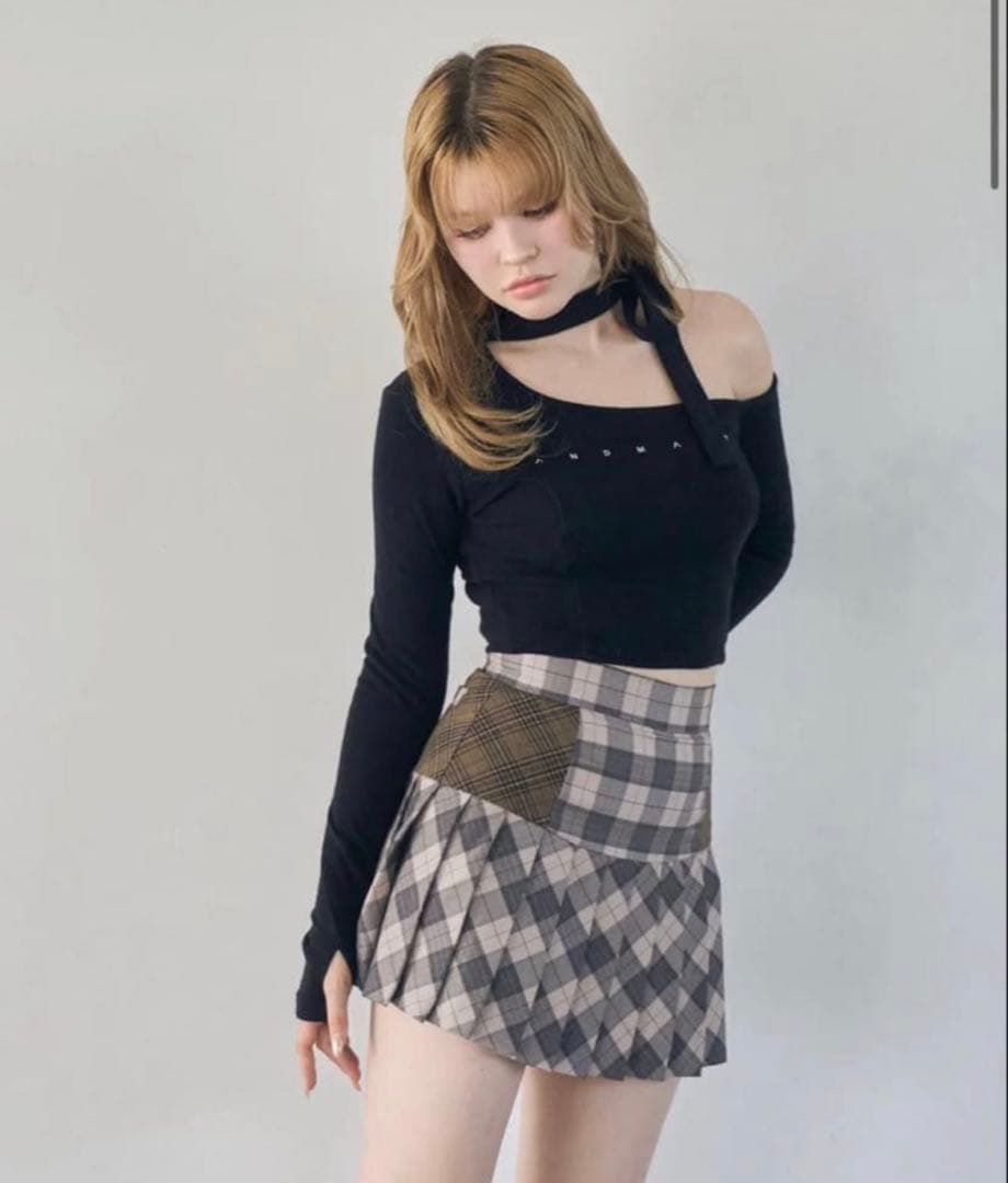 Coco check pleats skirt pink beige sサイズ