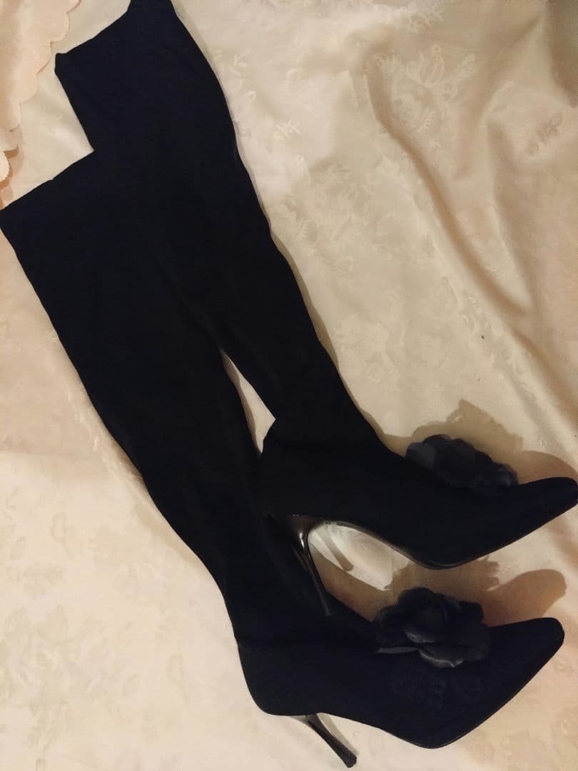 ジーザスディアマンテ★薔薇レースリボン黒ニーハイブーツ