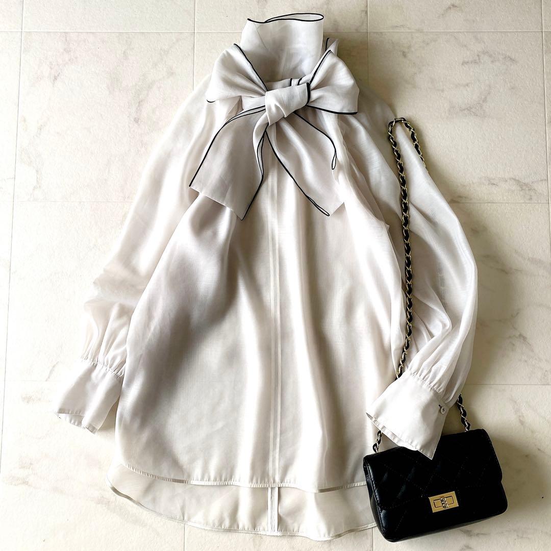 極美品☆デミルクスビームス 洗える シアー ボウタイブラウス ゆったり 36