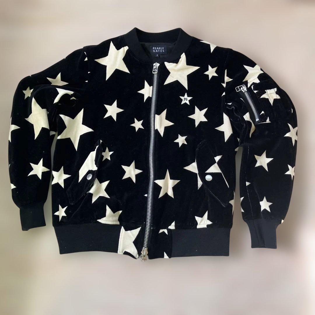 パーリーゲイツジャケットブルゾン黒/白星柄 ベロア調レディースO/ Sサイズ