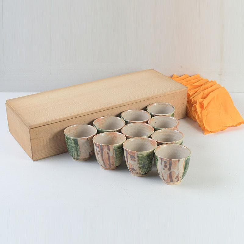 マサオ 煎茶道具　織部焼　煎茶碗　十客　陶印有　時代箱　V　9322