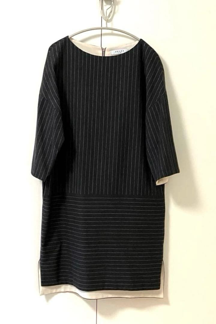 日本製【ADORE/アドーア】グレー・ストライプ・ウール100%七分袖チュニック