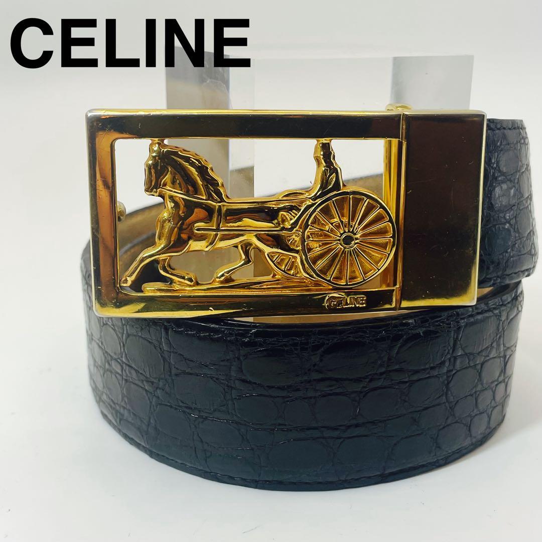 CELINE ✨セリーヌ クロコダイル風　レザー ベルト 馬車金具 ゴールド