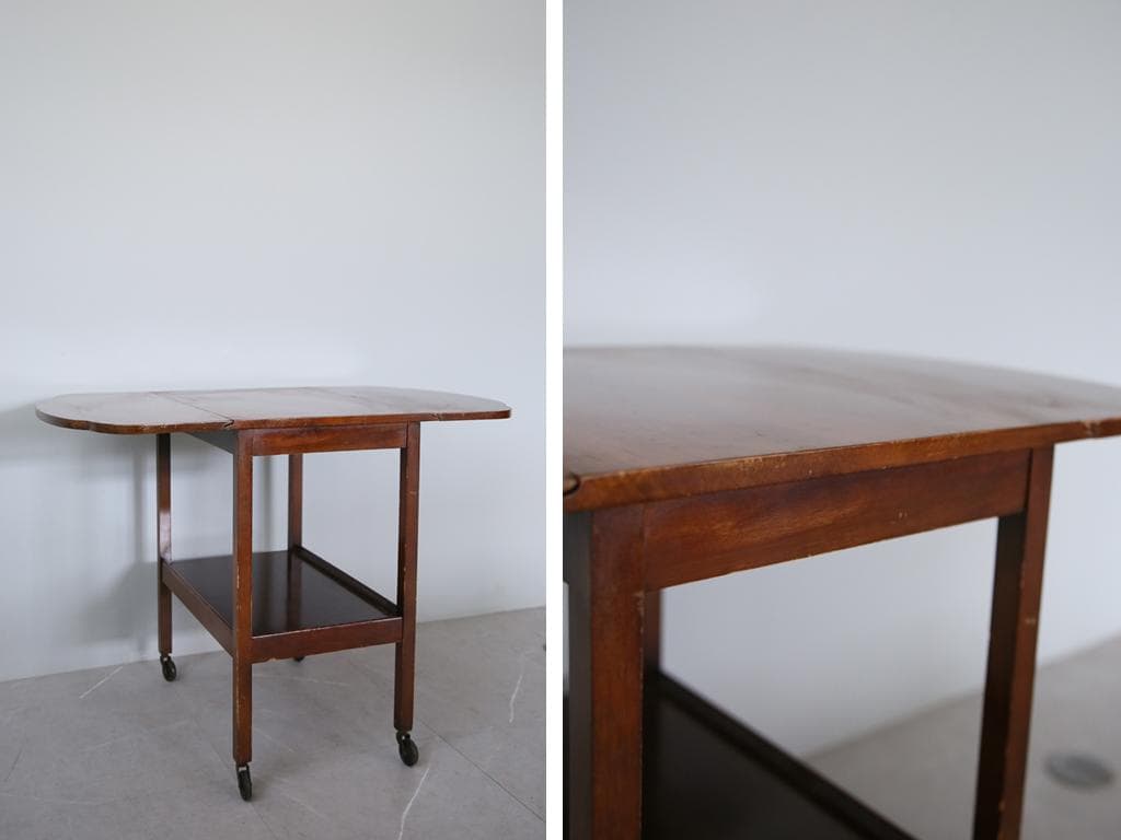 英国アンティーク木製ドロップリーフトロリーテーブル/収納式ワゴン机(89-197