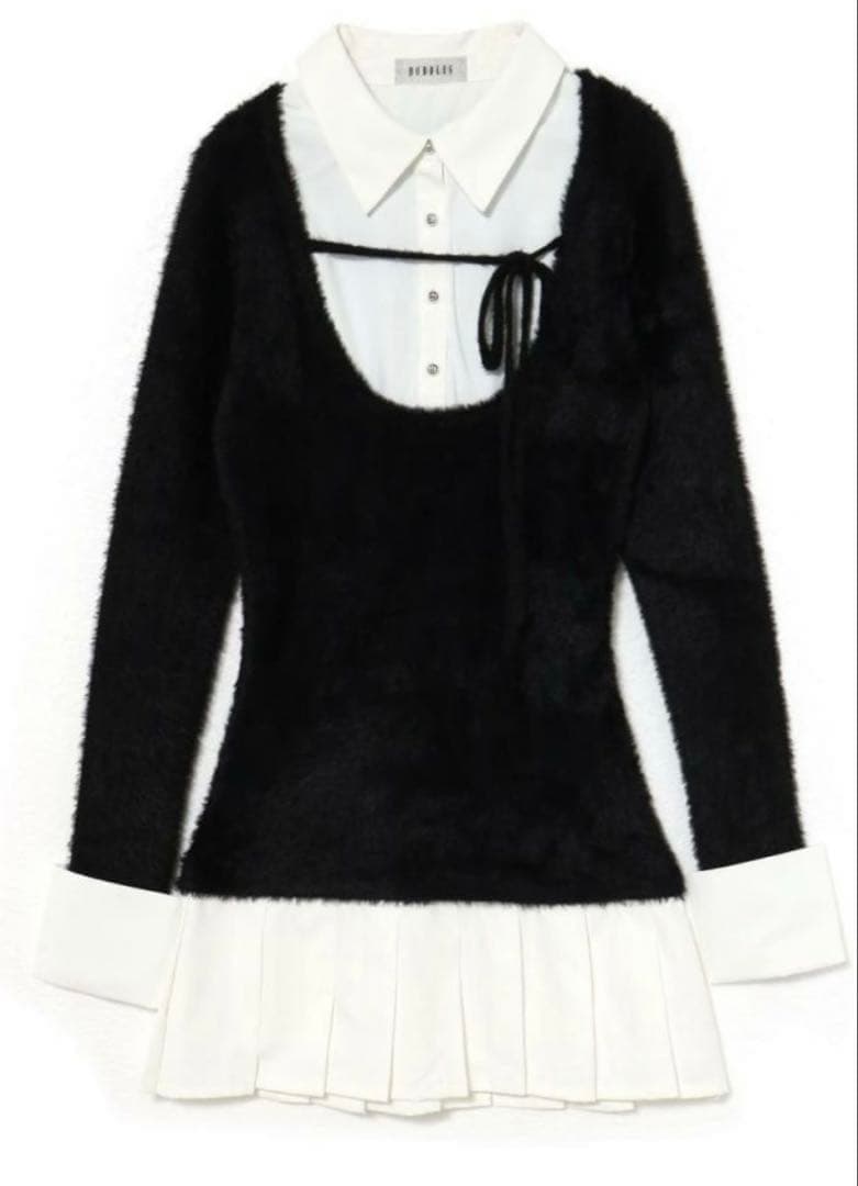 bubbles レイヤードプリーツニットワンピース ブラック M