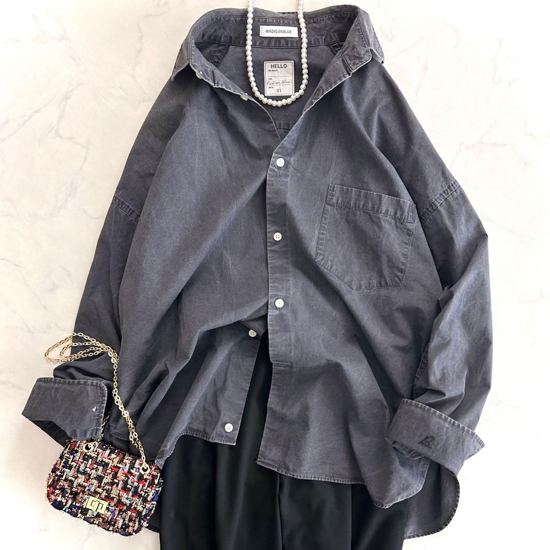 く*ち様 マディソンブルー ウォッシュドアウトシャツ グレー 01 長袖 コット