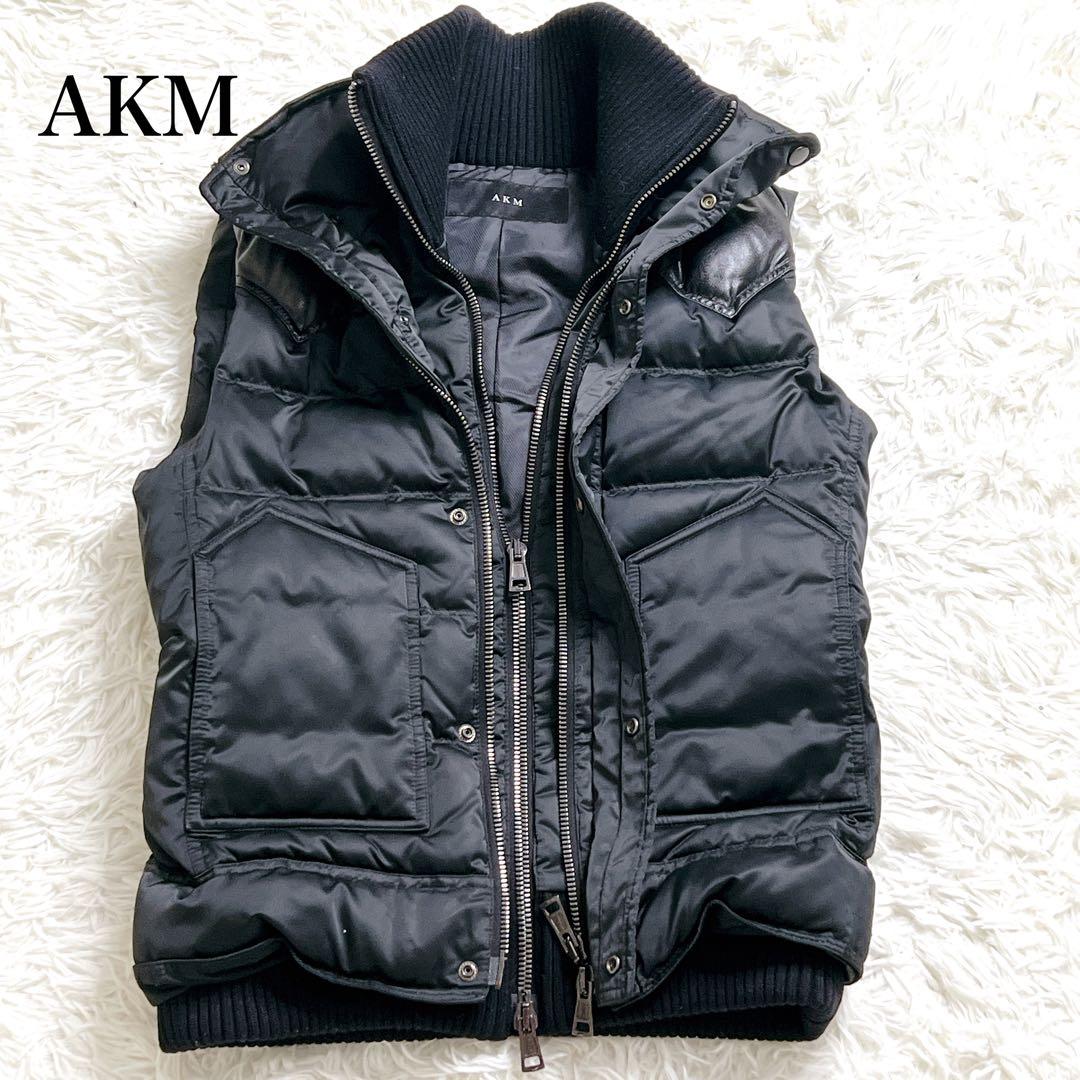 AKM ダウンベスト Y2K レザー切替 ギラつき 黒 カシミヤ混　アーカイブ