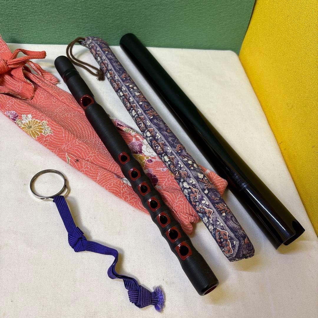 FE 能管 篠笛 黒と赤 鹿の彫刻付 横笛