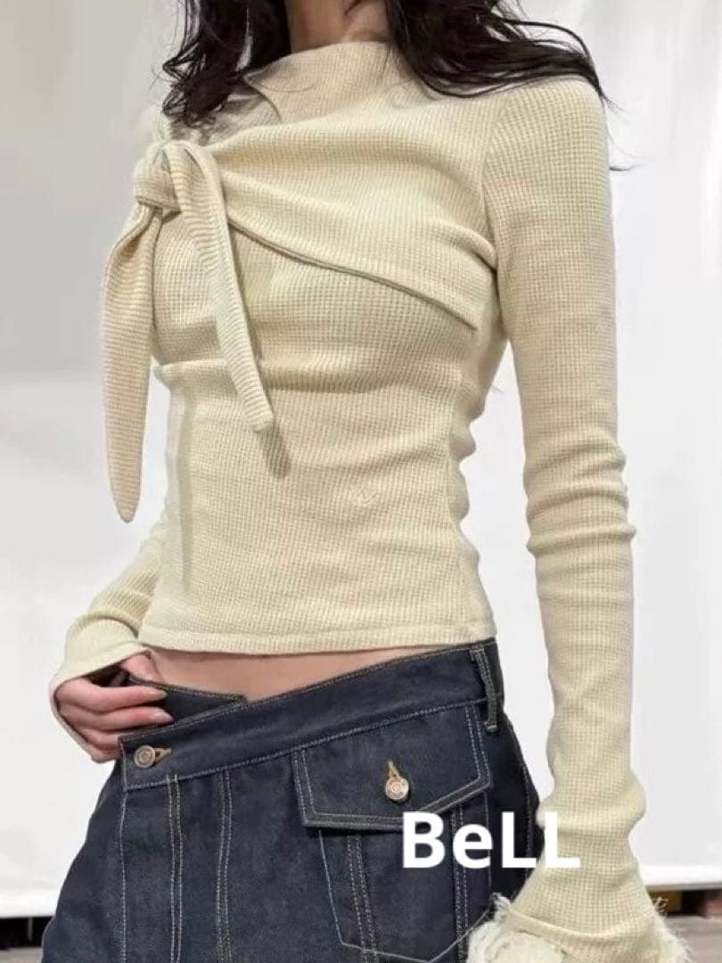 OPEN YY ワッフル編み リボン付き 長袖 S