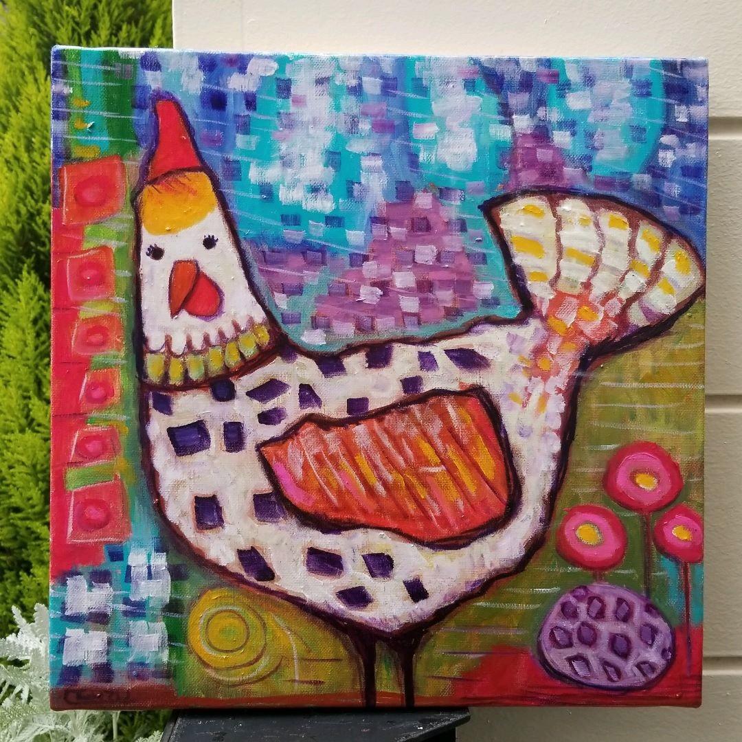 キャンバス油絵　 専用　ごきげんなめんどり♪♪　2