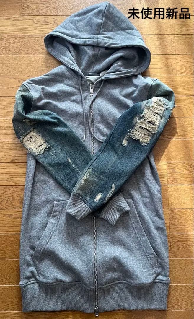 【未使用】DIESELディーゼル ダメージ加工 袖デニムパーカー