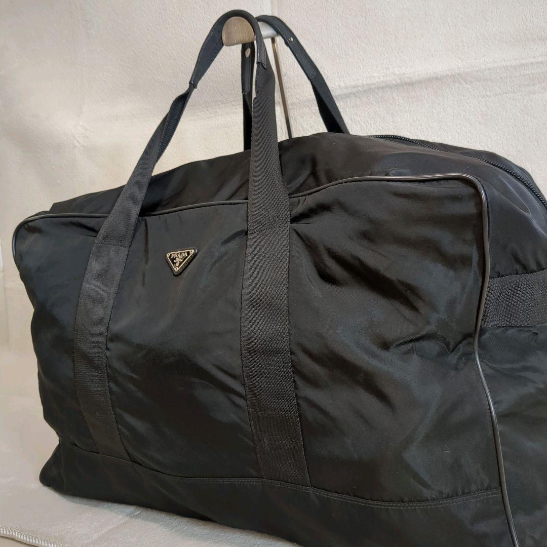 大容量 PRADA ボストンバッグ ブラック 三角ロゴ レザー ナイロン