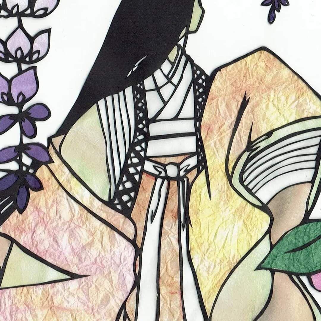 日本人女性作家　和風 藤の花 女性 切り絵アート