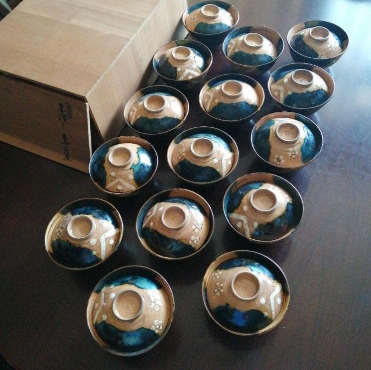 ゆき　加藤作助　鳴海織部蓋付茶碗　15客　など3点