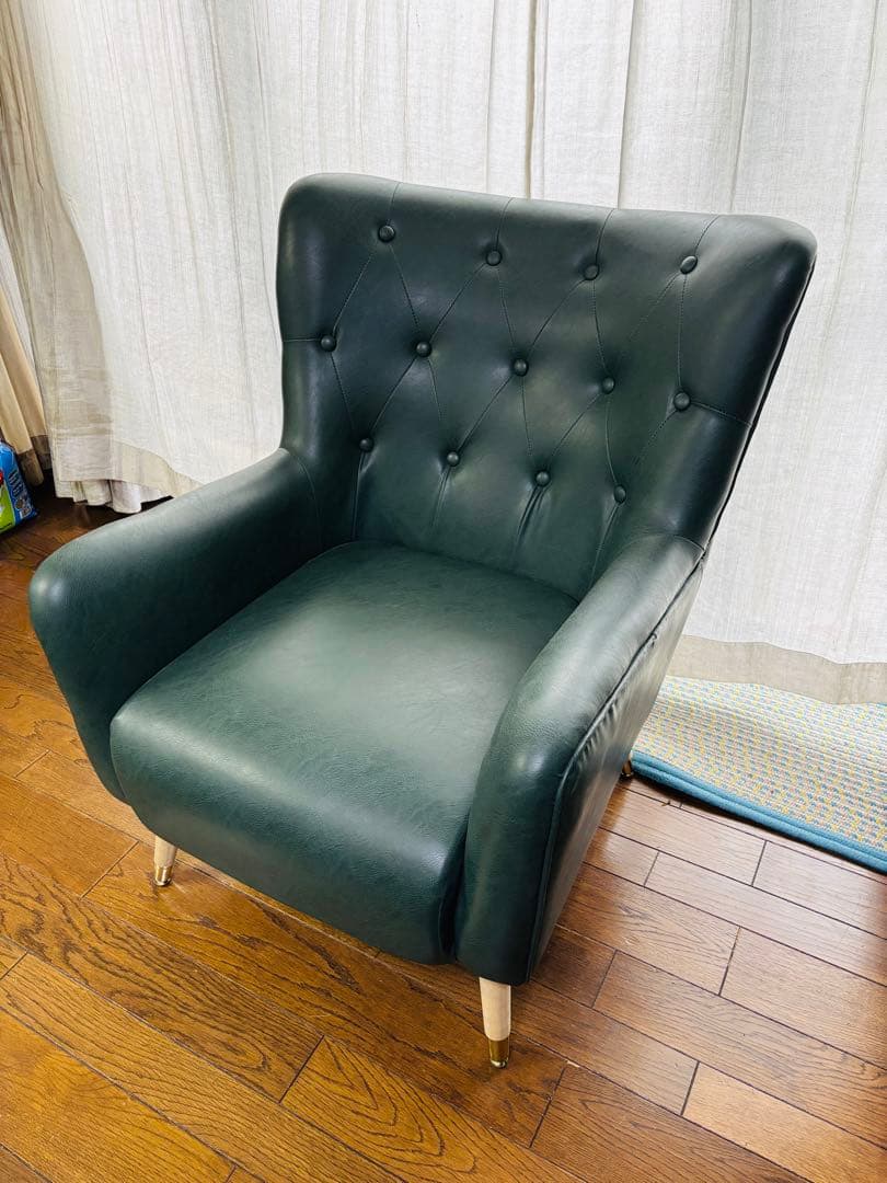 ダークグリーン ボタン留め 1人掛けレザーソファ