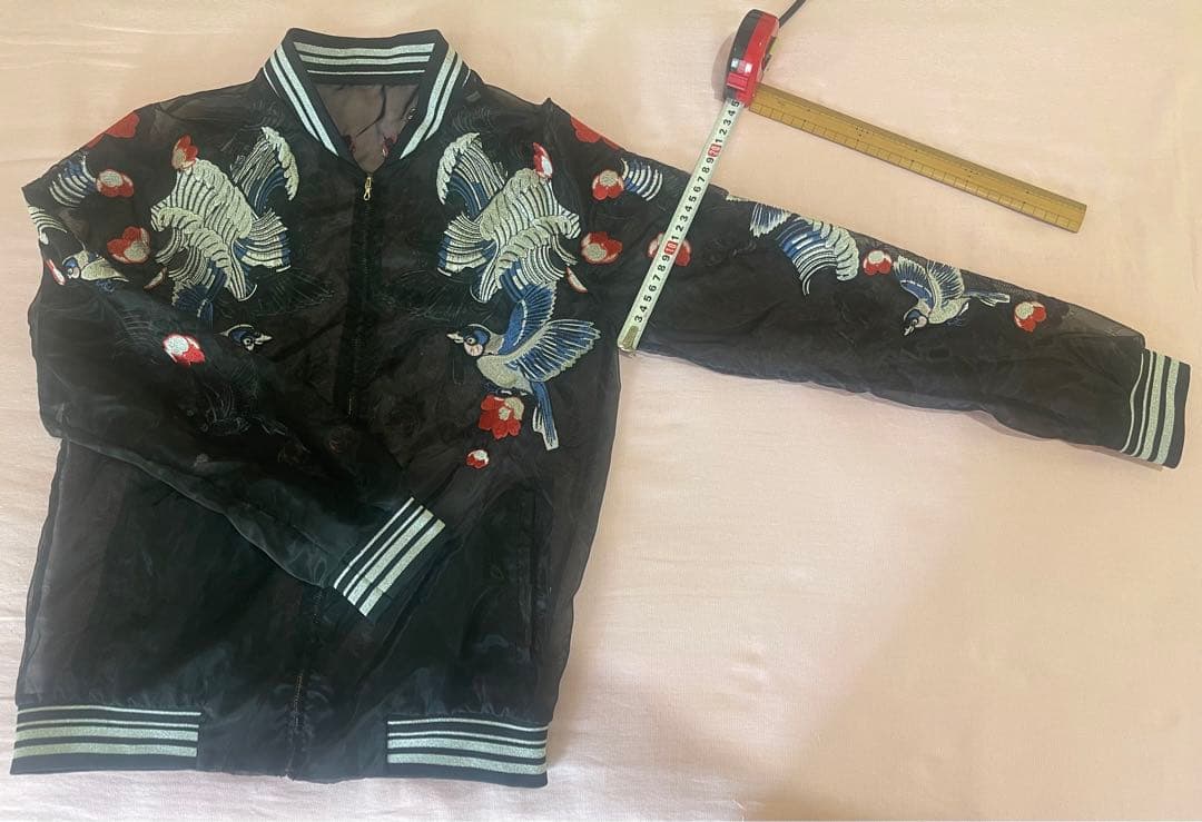 Ochirly(L)透けるスカジャンTATOO柄,春夏軽い,未使用に近い男女兼用