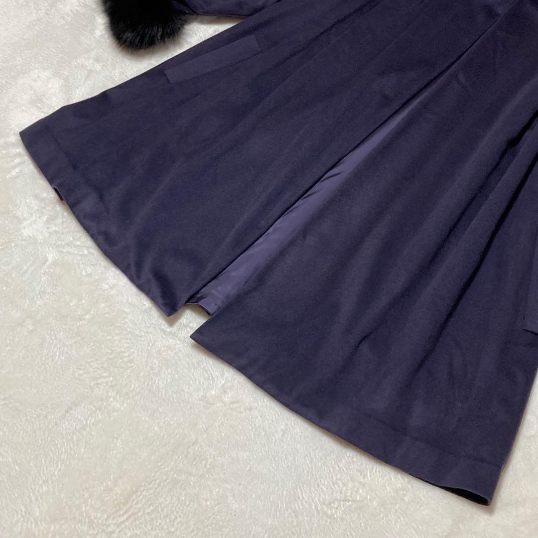 ファー付カシミヤコート　紫　ボタンレス 羽織物　黒のボリュームファー　XL