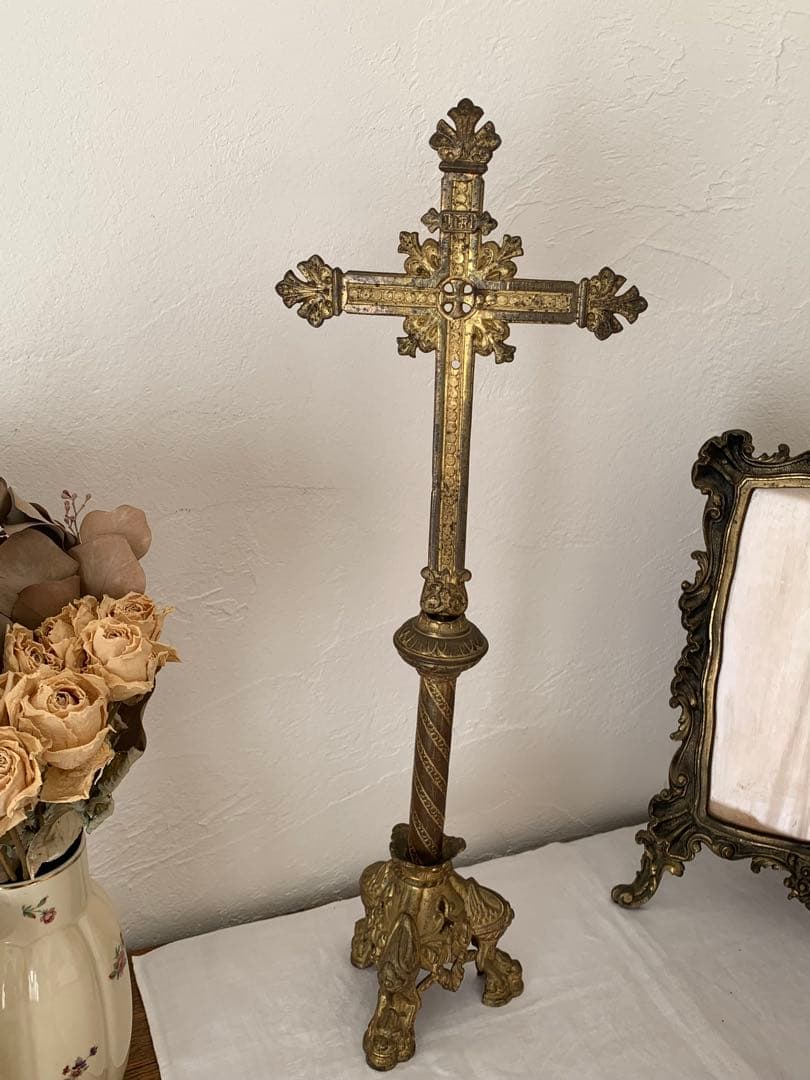 フランスアンティーク　十字架　置物　金属製　ブロカント