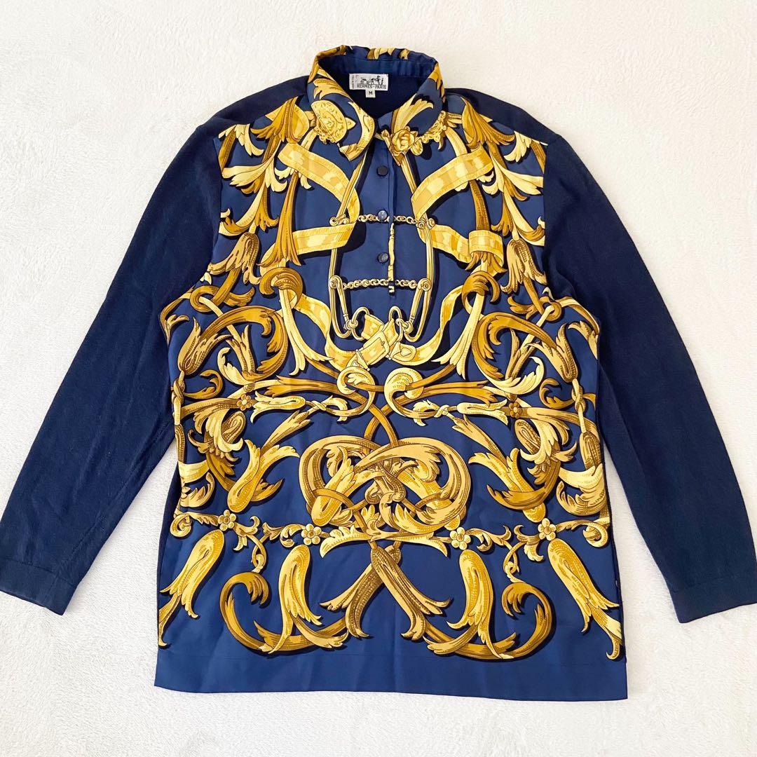 HERMES 長袖　トップス　カシミヤ バロック馬具チェーン柄 シルク切替 M