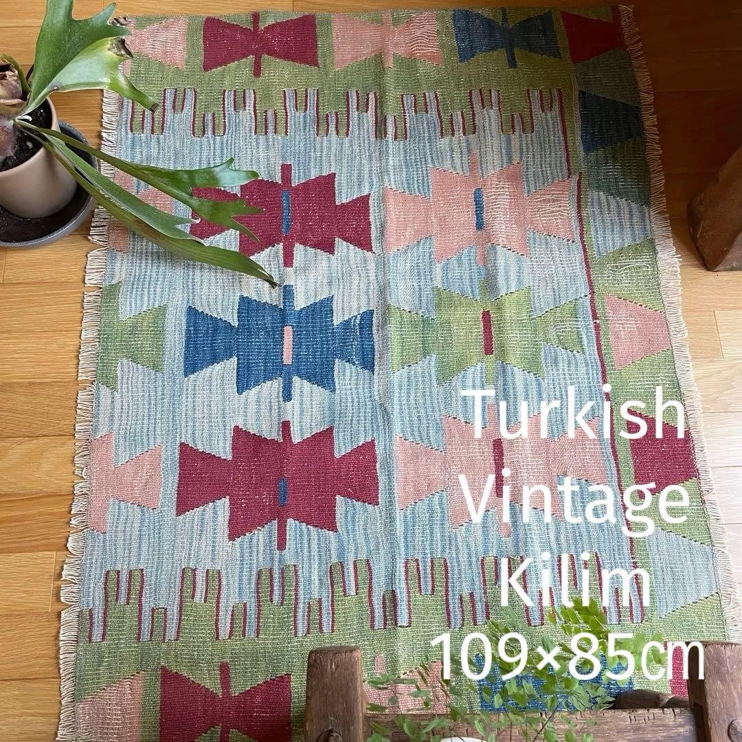 109×85㎝◇トルコヴィンテージキリムラグ◇ブルーベース　カラフル1188
