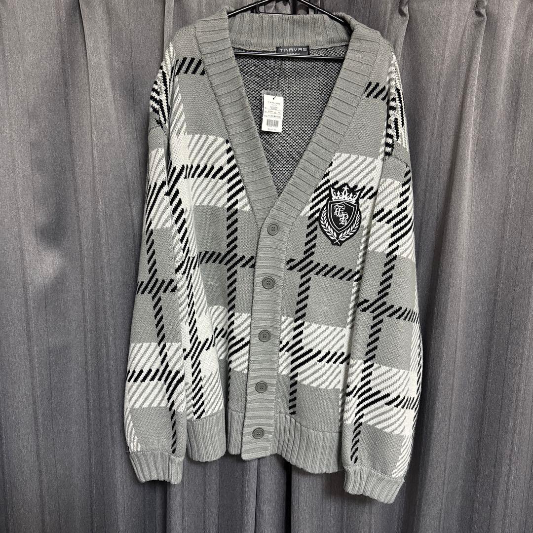 TRAVAS TOKYO チェック柄カーディガン グレー ジャカードニット
