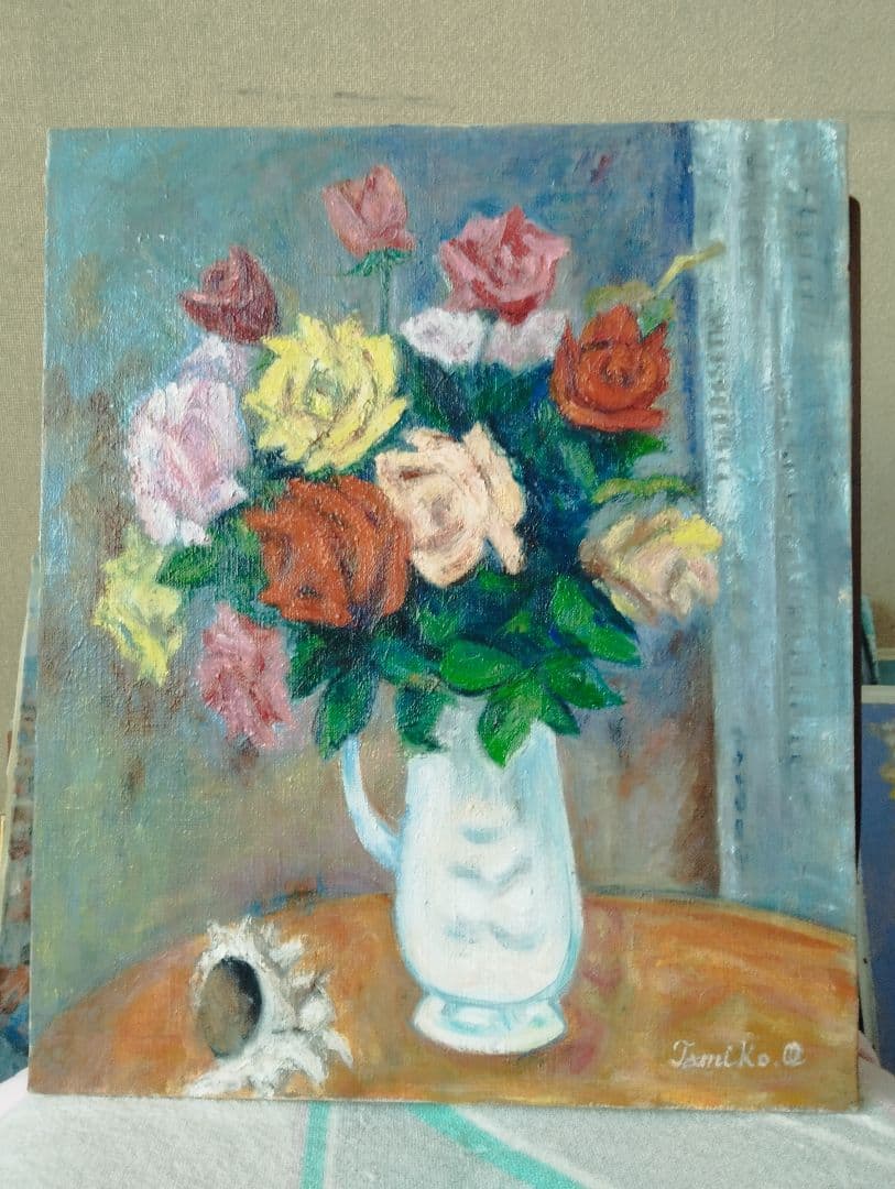 ※油絵・画家・尾形民子　バラの花束 油彩画 ※新品