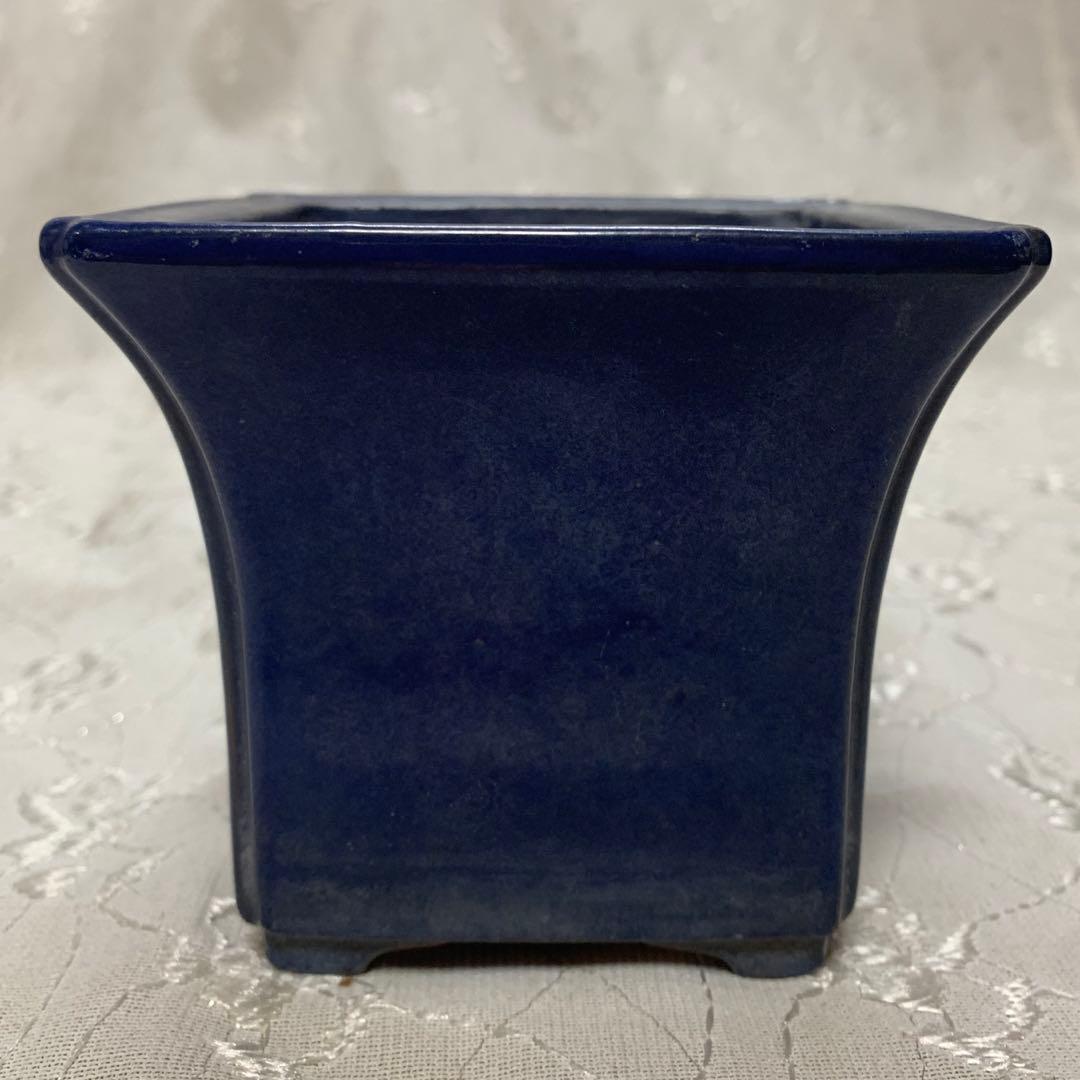 盆栽鉢　青　正方　落款有り