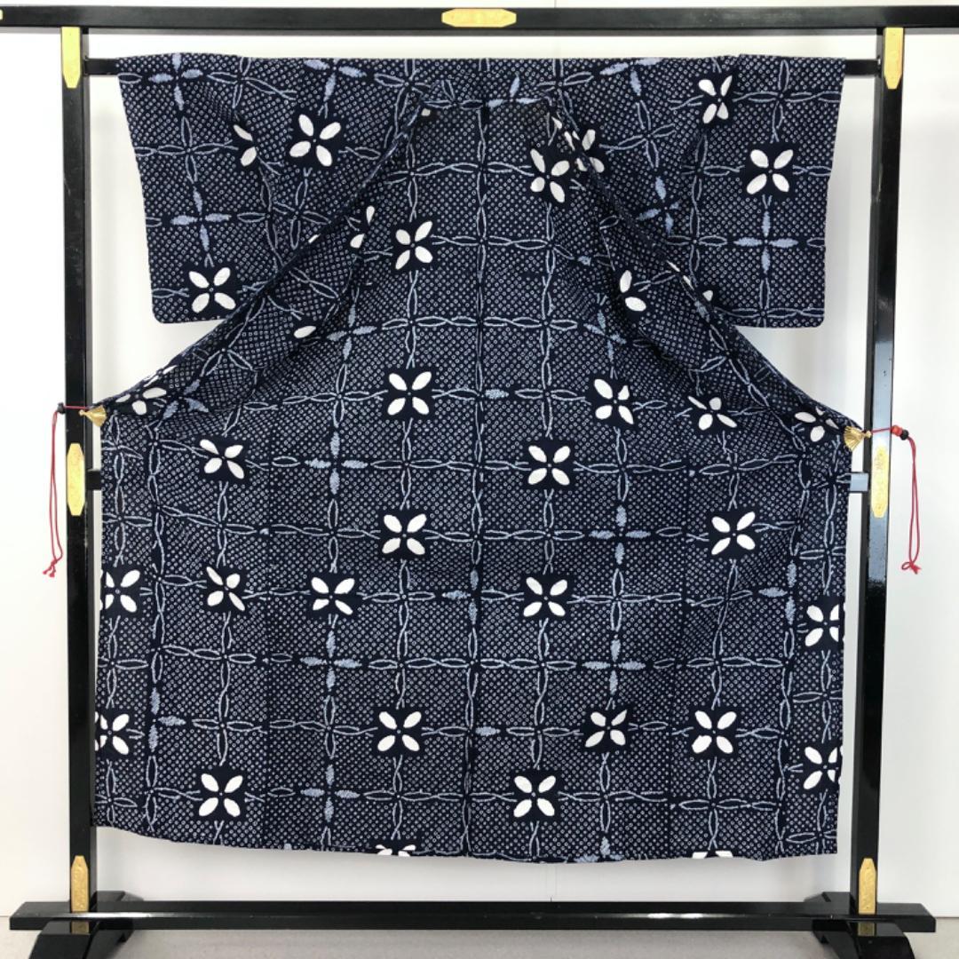 ☆ 夏着物 浴衣 有松鳴海本絞り 花模様 藍色 K-5077