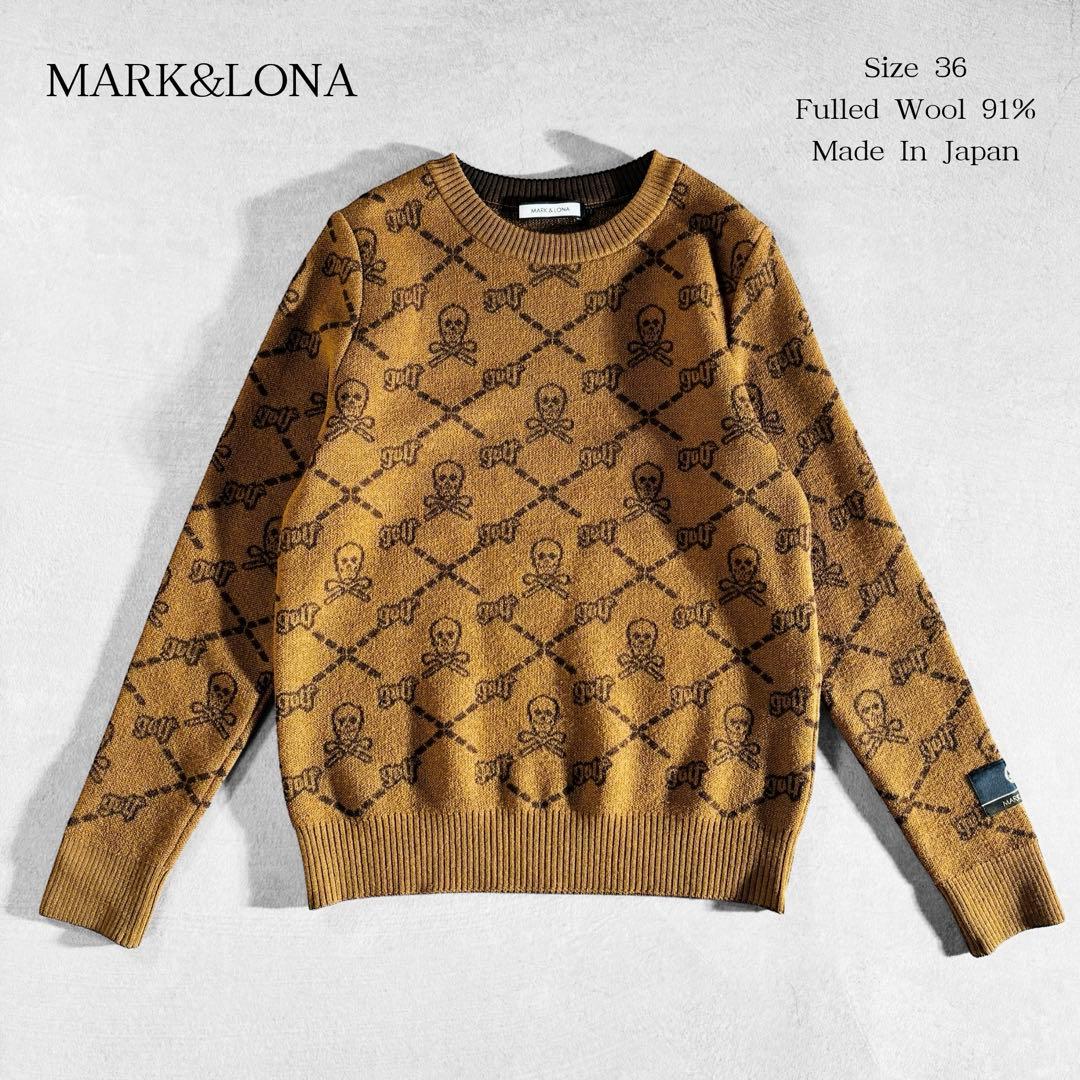 美品 MARK&LONA 縮絨ウール 総柄クルーネックニット 36 日本製