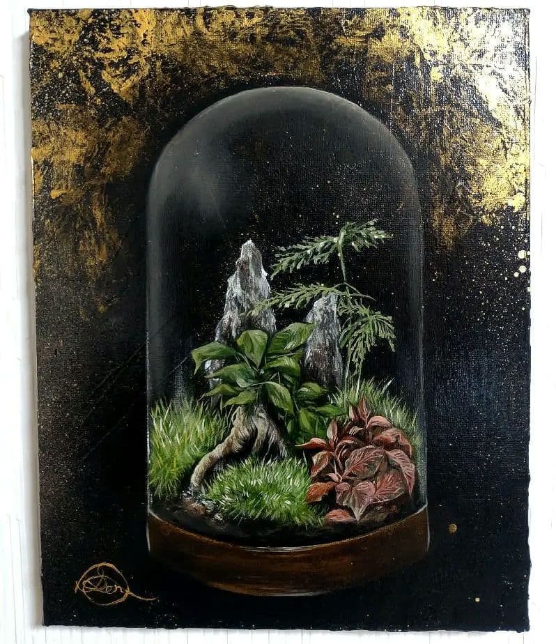 テラリウムの油絵【調和】1点物の原画アート/作者サイン入り/F3号キャンバス