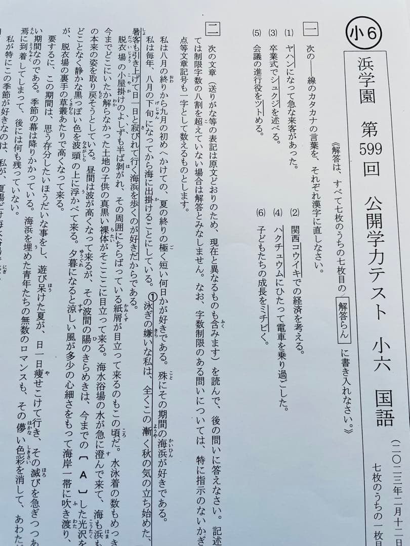 公開学力テスト 浜学園 小6 2023年、2024年度 4科目 2年分
