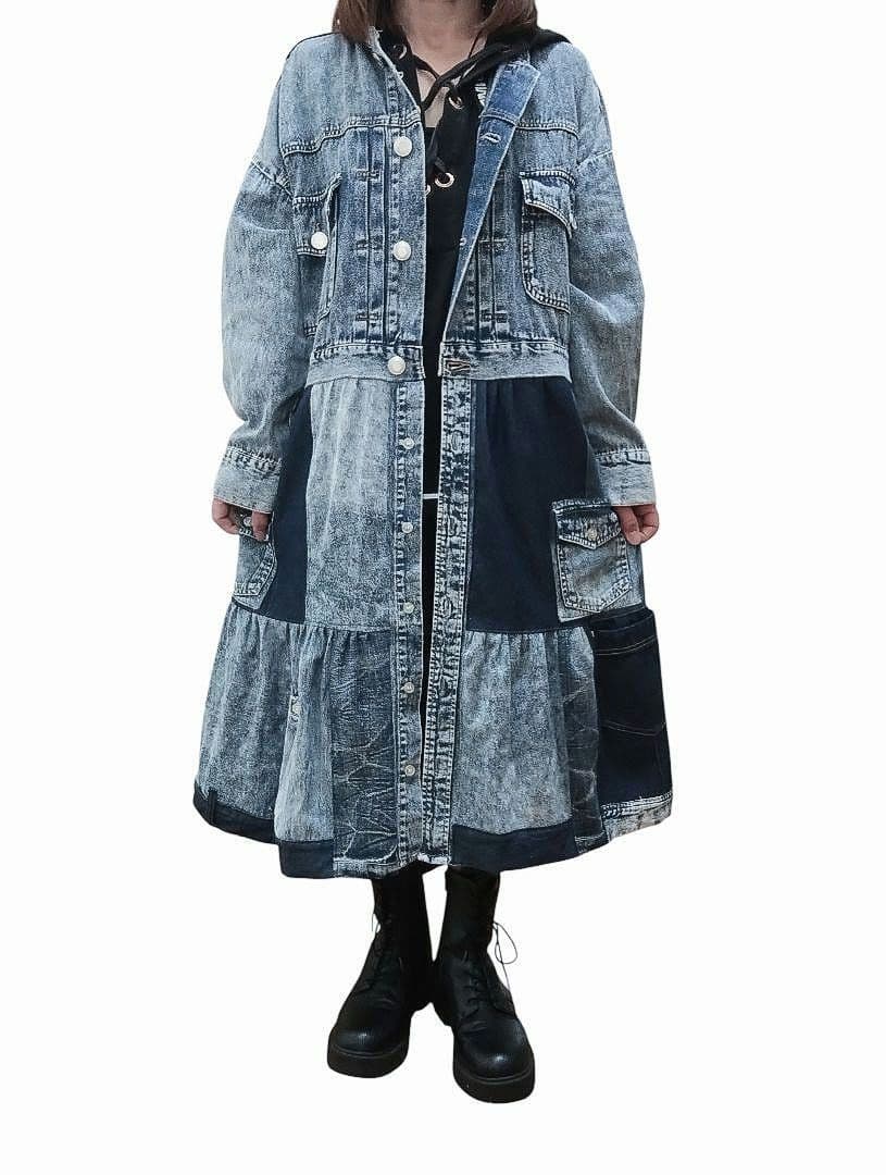 古着リメイク　Gジャンリメイクデニムパッチワークロングジャケット　ブリーチデニム