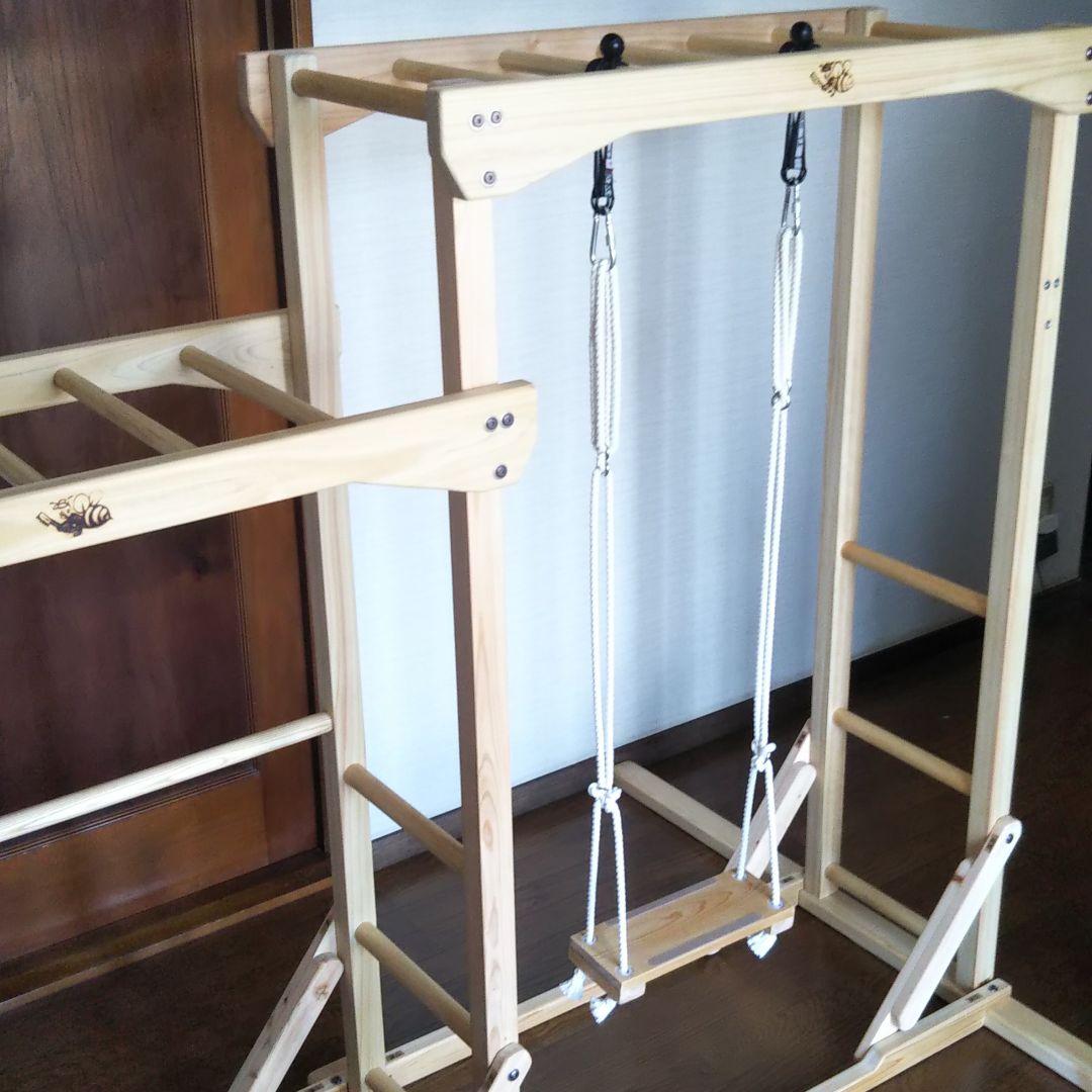 Mika子供用室内木製遊具 ブランコ&てつぼう付き水平段違い兄妹うんてい