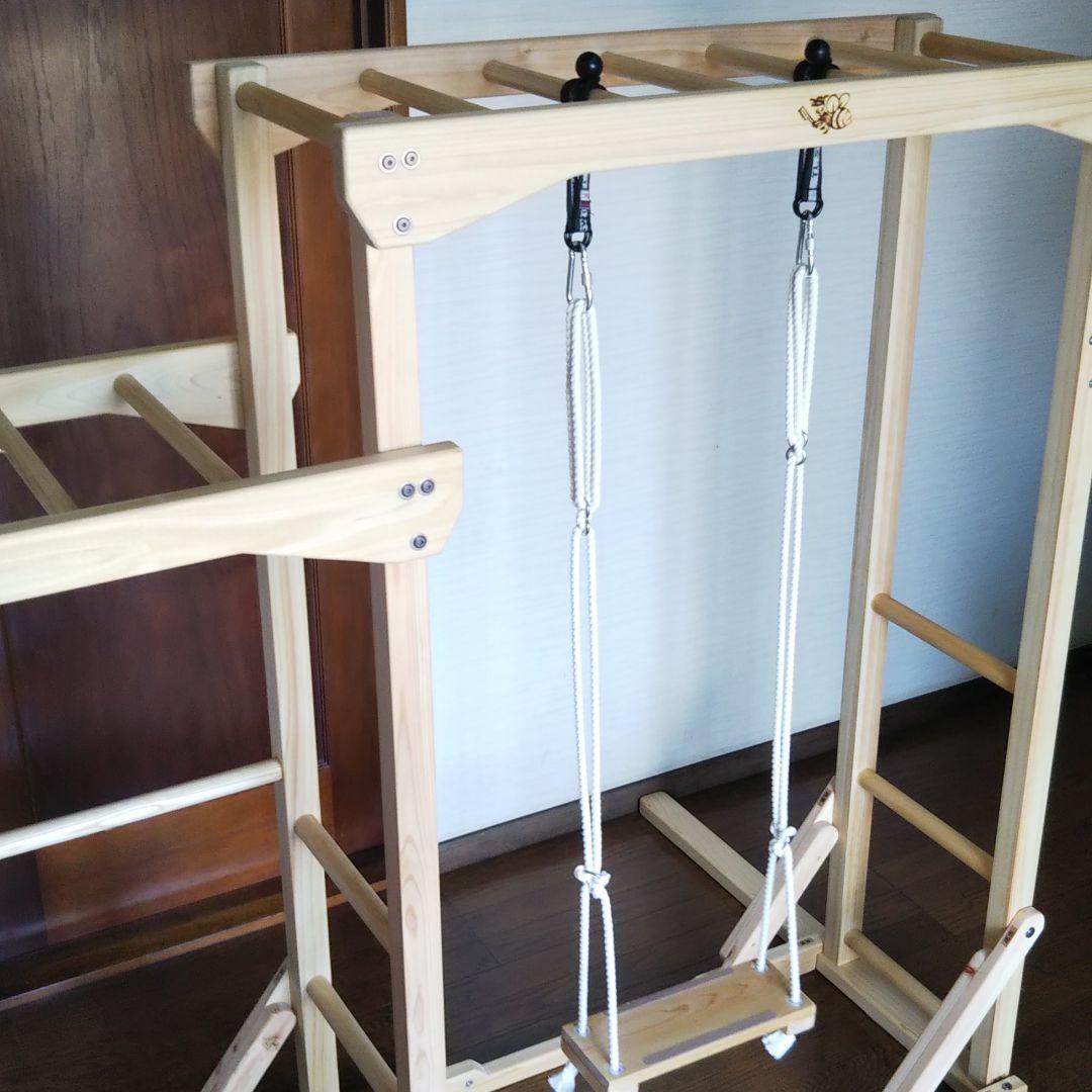 Mika子供用室内木製遊具 ブランコ&てつぼう付き水平段違い兄妹うんてい